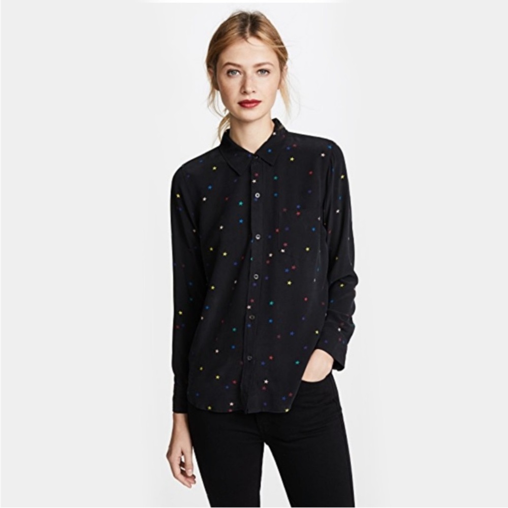 Rails Kate Silk Blouse Rainbow Star Print Button Front Shirt Black Size M